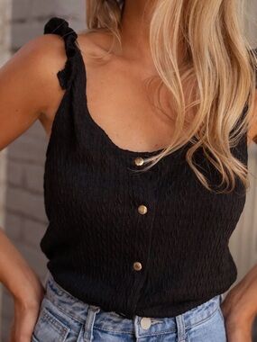 Easy Clothes Black James Textured Button-Front Tank Top Size M-L